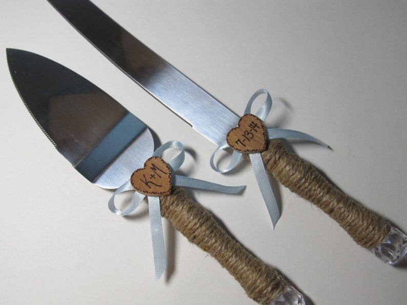 Personalized Rustic Cake Server Set with Bonus Keepsake Bag Shown with Light Blue Ribbon