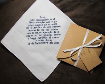 Father of the Bride - Spanish Version - Personalized Wedding Handkerchief With Free Gift Envelope - Shown with Navy Blue Non Script Writing