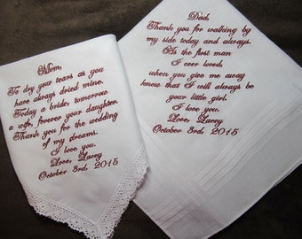 Mother & Father of the Bride Personalized Wedding Handkerchiefs - Free Gift Envelopes - Shown with Burgundy Writing