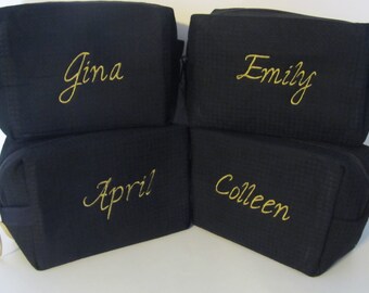 Set of 4 Personalized Bridal Party Cosmetic Bags - Bridesmaid Makeup Bags - Waffle Weave Spa Bags - Great Gift