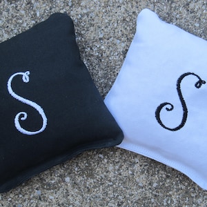Personalized Cornhole Game Bags with your Initial - Shown in Black and White