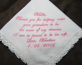 Grandmother of the Groom - Personalized Wedding Handkerchief With Free Gift Envelope - Shown with Light Pink Writing