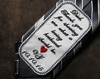 Father of the Groom - Personalized Embroidered Wedding Tie Patch - Shown with Black Writing