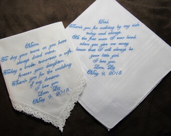 Mother & Father of the Bride Personalized Wedding Handkerchiefs - Free Gift Envelopes - Shown with Light Blue Writing