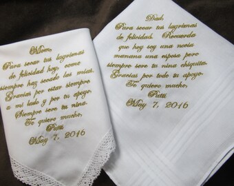 Mother & Father of the Bride Personalized Wedding Handkerchiefs - Spanish Version - Free Gift Envelopes - Shown with Gold Writing