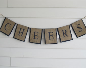 Rustic Burlap "CHEERS" Wedding, New Years, or Party Banner Shown with Navy Blue Lettering and Outline