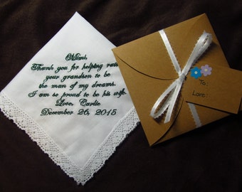 Grandmother of the Groom - Personalized Wedding Handkerchief With Free Gift Envelope - Shown with Dark Green Writing