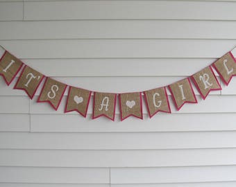 IT'S A GIRL Rustic Burlap Banner - Baby Shower Party Decor Shown in Dark Pink and White