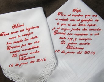 Mother & Father of the Bride Personalized Wedding Handkerchiefs - Spanish Version - Free Gift Envelopes - Shown with Red Writing