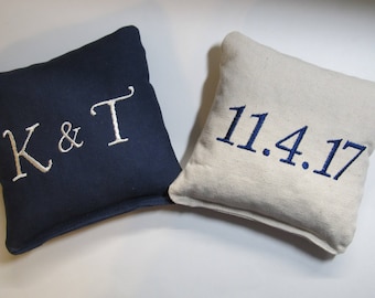 Personalized Wedding Cornhole Game Bags - Couple's Initials & Wedding Date - Set of 8 Shown in Navy Blue and Ivory - Great Gift!!