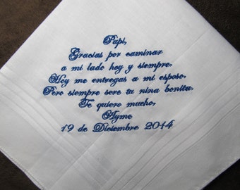 Father of the Bride - Spanish Version Wedding Handkerchief With Free Gift Envelope - Shown with Royal Blue Writing