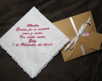 Grandmother of the Bride - Spanish Version - Personalized Wedding Handkerchief With Free Gift Envelope - Shown with Dark Pink Writing