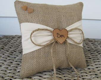 Personalized Rustic Burlap Ring Bearer Pillow With Ivory Sash for your Woodland Wedding