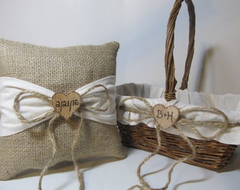 Rustic Flower Girl Basket and Ring Bearer Pillow - Ivory Muslin - Personalized For Your Country Wedding Day