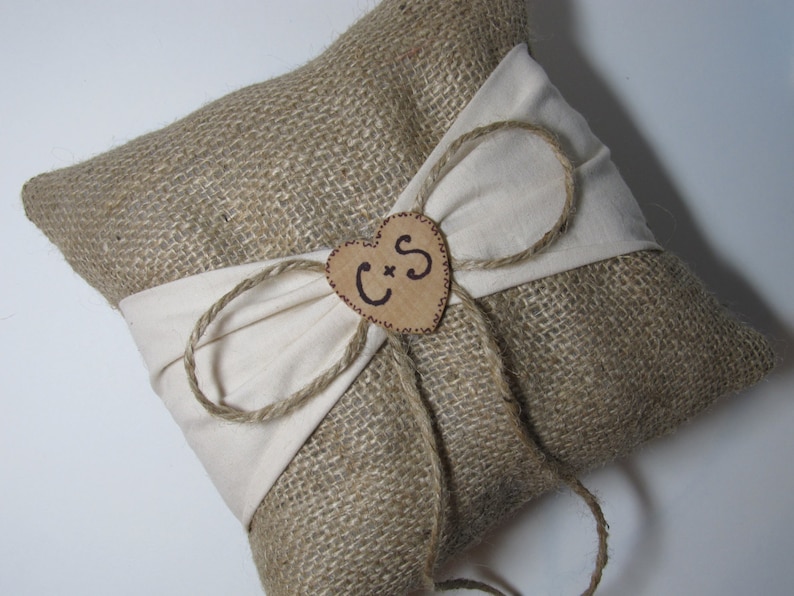Personalized Rustic Ring Bearer Pillow Burlap With Ivory Sash image 1