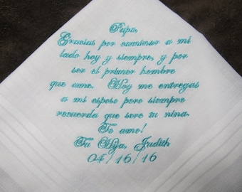 Father of the Bride - Spanish Version Wedding Handkerchief With Free Gift Envelope - Shown with Aqua Writing