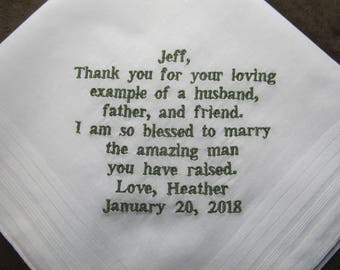 Father in Law of the Bride - Groom's Father - Personalized Wedding Handkerchief With Free Gift Envelope - With Hunter Green Non Script Font