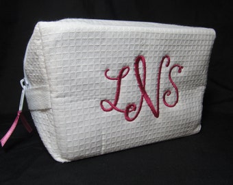 Personalized Bridal Party Makeup Bag - Bridesmaid Cosmetic Bag - Waffle Weave Spa Bag - Great Gift - Shown with fuchsia writing