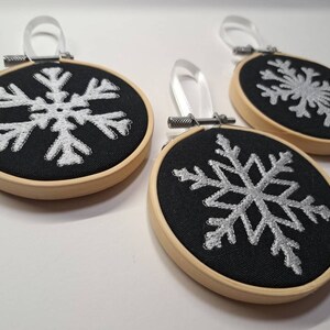 Embroidered Snowflake Ornaments: Rustic Hoop Set of 3