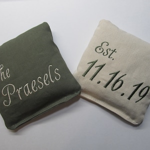 Custom Wedding Cornhole Game Bags - Last Name & Wedding Date - Set of 8 Shown in Camo Green and Ivory - Great Gift!!