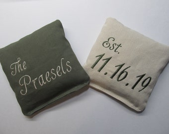 Custom Wedding Cornhole Game Bags - Last Name & Wedding Date - Set of 8 Shown in Camo Green and Ivory - Great Gift!!