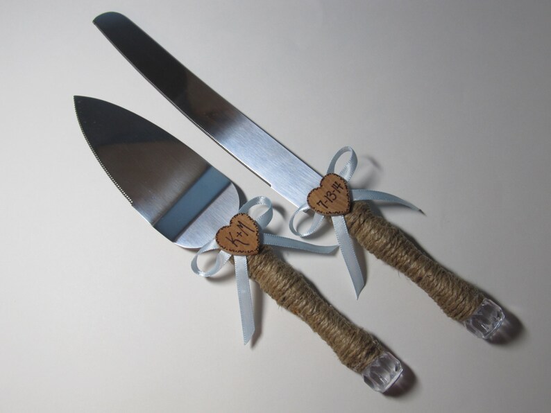 Personalized Rustic Cake Server Set with Bonus Keepsake Bag Shown with Light Blue Ribbon