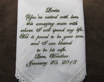 Mother in Law of the Bride - Personalized Wedding Handkerchief with Free Gift Envelope - Shown with Hunter Green Writing