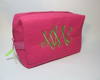 Personalized Bridal Party Makeup Bag - Bridesmaid Cosmetic Bag - Waffle Weave Spa Bag - Great Gift - Fuchsia with Lime Green Monogram