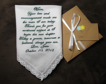 Groom's Mother - Mother of the Groom - Personalized Wedding Handkerchief with Free Gift Envelope - Shown with Dark Green Writing