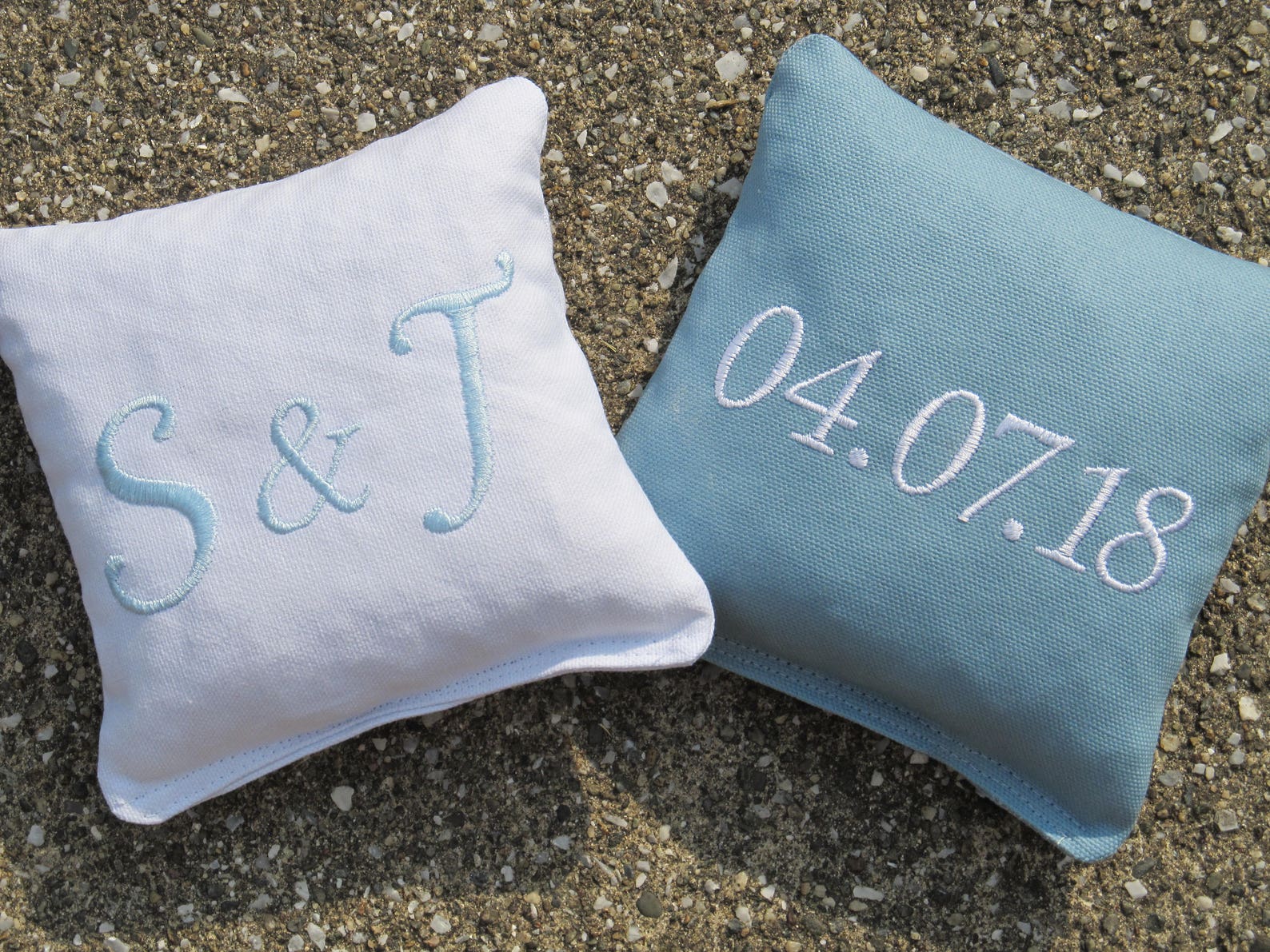 Personalized Wedding Cornhole Game Bags - Embroidered Initials and Date, Set of 8 - Red, Light Blue as Shown