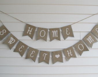 Rustic Burlap "HOME SWEET HOME" Banner - House Warming Homecoming Party Decor Shown in Light Grey with White Lettering