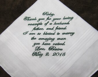 Father in Law of the Bride - Father of the Groom - Personalized Wedding Handkerchief With Free Gift Envelope - Shown with Dark Green Writing