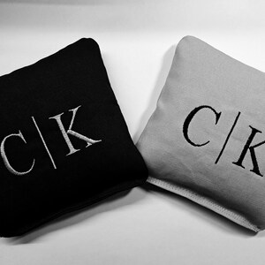 Personalized Wedding Cornhole Game Bags - Couple's Initials - Shown in Black and Light Grey