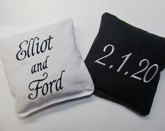 Personalized Wedding Cornhole Game Bags - Couple's Names and Wedding Date -  Set of 8 Shown in Black and White