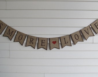 Rustic Burlap "SMORE LOVE" Wedding Banner Shown with Brown Lettering and Outline