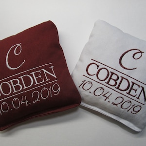 Personalized Wedding Cornhole Game Bags - Initial, Last Name and Wedding Date - Set of 8 Shown in Burgundy and White