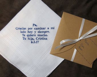 Father of the Bride - Spanish Version - Personalized Wedding Handkerchief With Free Gift Envelope - Shown with Royal Blue Non Script Writing