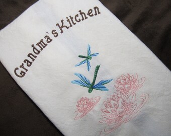 Personalized Kitchen Tea Towel with Dragonflies - Makes a Great Gift - Embroidered