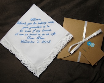 Grandmother of the Groom - Personalized Wedding Handkerchief With Free Gift Envelope - Shown with Light Blue Writing