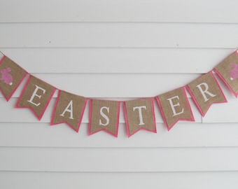 Burlap Easter Banner Rustic Decor Shown With Pink Outline and White Lettering