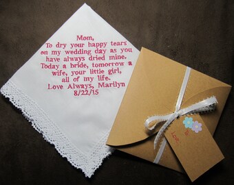 Mother of the Bride - Personalized Wedding Handkerchief With Free Gift Envelope - Shown with Dark Pink Writing