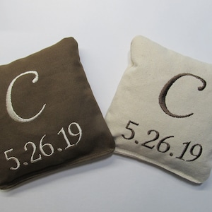 Personalized Cornhole Game Bags with your Initial and Wedding Date - Set of 8 Shown in Brown and Ivory - Great Wedding Gift