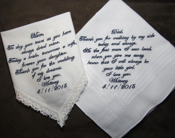 Mother & Father of the Bride Personalized Wedding Handkerchiefs - Free Gift Envelopes - Shown with Navy Blue Writing