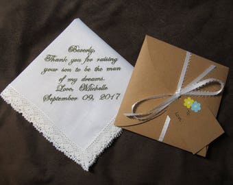 Mother of the Groom - Mother in Law of the Bride - Personalized Wedding Handkerchief With Free Gift Envelope - Shown with Grey Writing