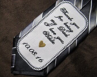 Father of the Bride - Personalized Embroidered Wedding Tie Patch - Shown with Black Writing & Gold Heart