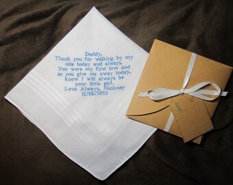 Father of the Bride - Personalized Wedding Handkerchief With Free Gift Envelope - Shown with Light Blue Writing