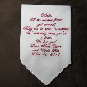 Flower Girl Personalized Wedding Handkerchief With Free Gift Envelope Shown with Dark Pink Writing image 2
