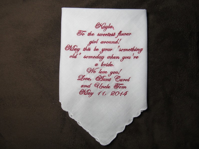 Flower Girl Personalized Wedding Handkerchief With Free Gift Envelope Shown with Dark Pink Writing image 2