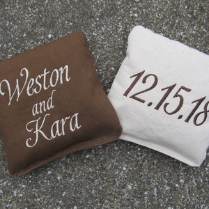 Personalized Wedding Cornhole Game Bags - Couple's Names and Wedding Date - Shown in Brown and White