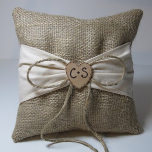 Personalized Rustic Ring Bearer Pillow Burlap With Ivory Sash image 3